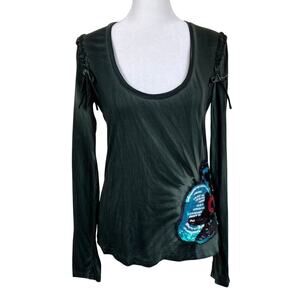 Fornarina LTD Vtg Y2K Tie-dye Scoop Neck Top Blouse Lace-up Shoulders Sequinned